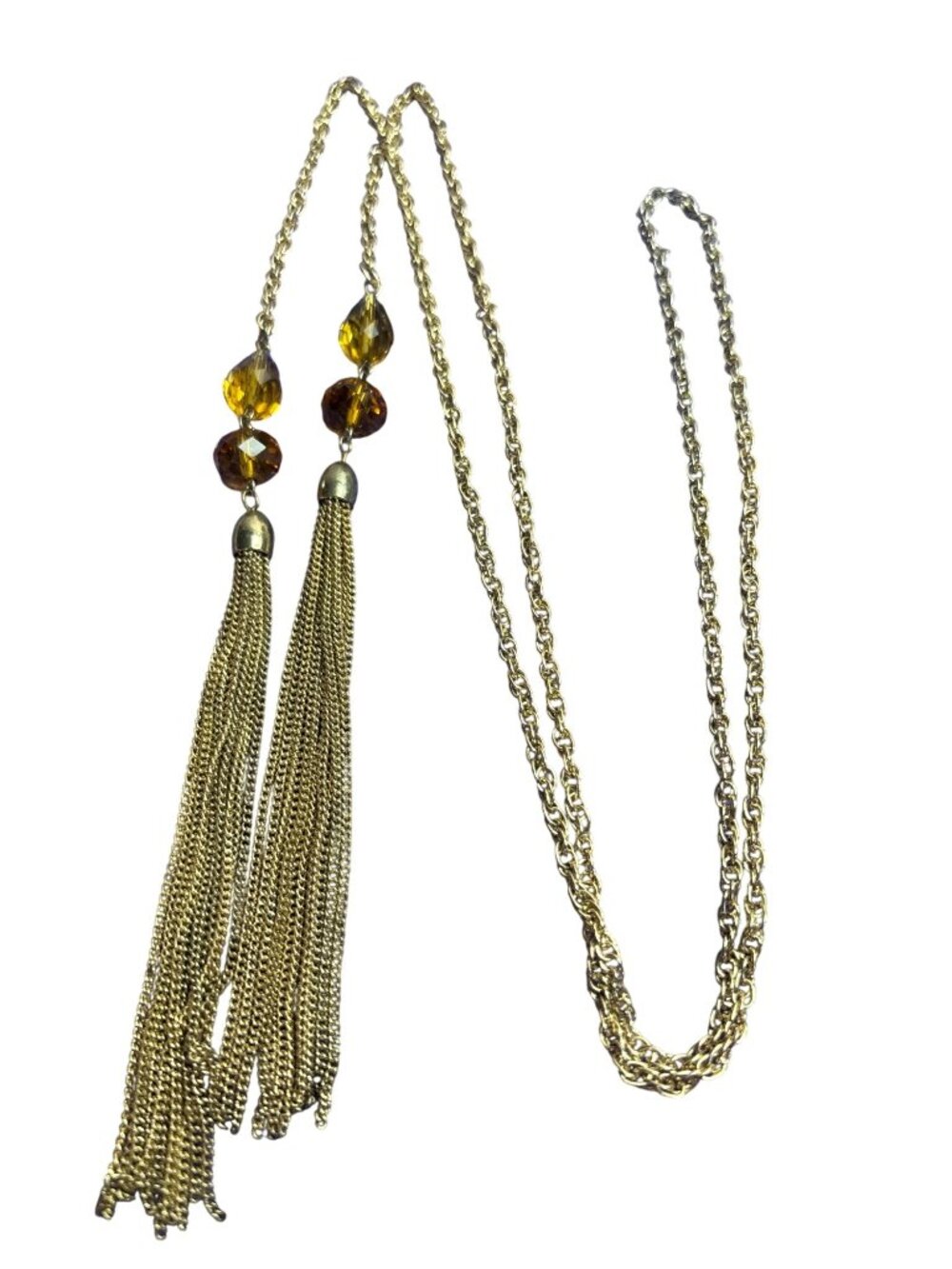 Vtg Lariat Wrap Around Necklace Goldtone Rope Chain Tassels Yellow Faceted